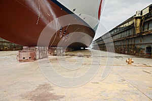 Front view of large cruise ship at dry dock