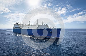 Front view of a large LNG or liquid gas tanker ship