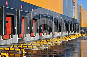Front view of loading docks of a modern logistics center.