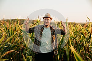 Front view looking at camera, wink, young man in field shows gesture thump up, ok,