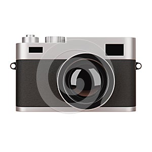 Front view of luxury digital camera is made of black leather material and silver color magnesium alloy isolated on white