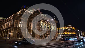 Front view of the main entrance of famous Vienna State Opera house, Austria, in the historic downtown.