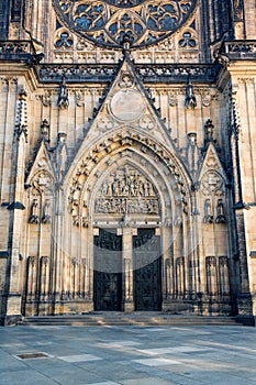 Front view of the main entrance to the St. Vitus cathedral in Prague