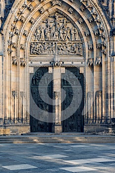 Front view of the main entrance to the St. Vitus cathedral in Prague