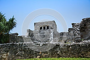 Front view of the main temple at the Ancient Mayan ruin Tulum Mexico