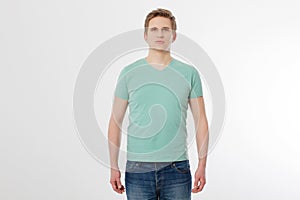 Front view male tshirt mockup. Young man wearing blank mint t-shirt isolated on white background. Copy space. Place for