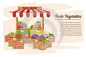 Front view market wood stand with farm food and vegetables in open box with weights and price tags illustration isolated on