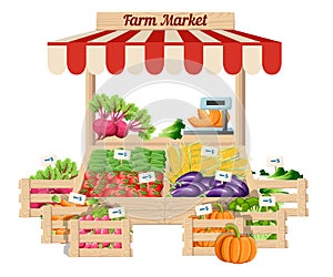 Front view market wood stand with farm food and vegetables in open box with weights and price tags illustration isolated on