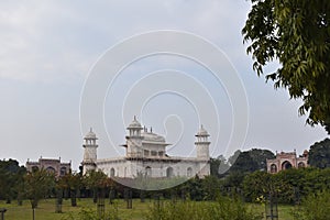 Front view, mausoleum of Etmaduddaula or Itmad-ud-Daula tomb often regarded as a draft of the Taj Mahal. Agra