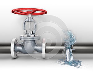 Front view on a metal pipe with a red valve that has a break in it and the water is flowing and splashing out from there, water