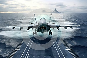 Front view of a military jet fighter landing on the deck of an aircraft carrier. Cloudy sky over the sea horizon. The