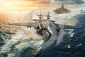 Front view of a military jet fighter taking off from the deck of an aircraft carrier. Cloudy sky over the sea horizon