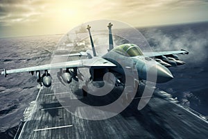 Front view of a military jet fighter taking off from the deck of an aircraft carrier. Cloudy sky over the sea horizon