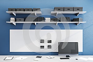 Front view of minimalistic blue workplace