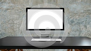Front view computer pc with empty display on black table.