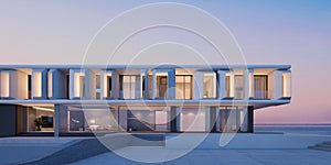 Front view of modern architecture with sea view background.