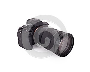 Front view of modern and brand new mirror less camera isolated on a white background with soft shadow