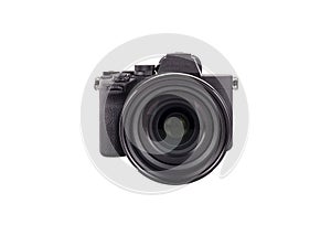 Front view of modern and brand new mirror less camera isolated on a white background with soft shadow