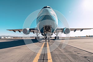 Front view of a modern civil aircraft on the airfield runway. Wide body aircraft ready to take off against the blue sky