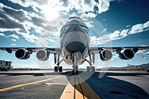 Front view of a modern civil aircraft on the airfield runway. Wide body aircraft ready to take off against the blue sky