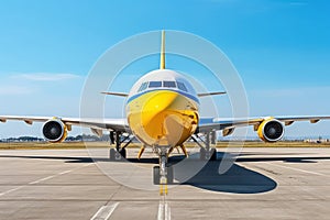 Front view of a modern civil aircraft on the airfield runway. Wide body aircraft ready to take off against the blue sky