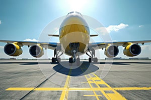 Front view of a modern civil aircraft on the airfield runway. Wide body aircraft ready to take off against the blue sky