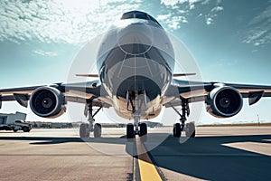 Front view of a modern civil aircraft on the airfield runway. Wide body aircraft ready to take off against the blue sky