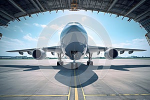 Front view of a modern civil aircraft on the airfield runway. Wide body aircraft ready to take off against the blue sky