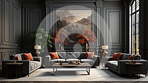 Front view of a modern classic living room. Gray wall with large poster, comfortable couches, coffee table, plants in