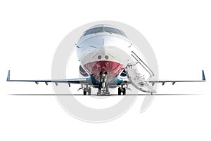 Front view of the modern corporate business jet with open gangway door isolated on white