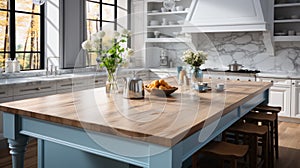 Front view of a modern designer kitchen with smooth handleless cabinets with black edges, black glass appliances