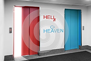 Front view of modern elevator to hell o heaven