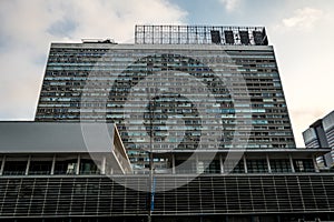 Front view of a modern and famous building, in Sao Paulo, Brazil