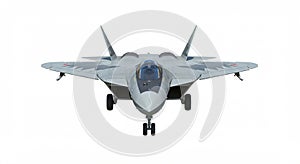 Front view of a modern fighter jet with angular design and twin vertical stabilizers. The