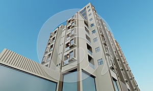 Front view modern hotel tower over blue sky scene