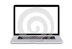 Front view of a modern laptop with a white screen and an English photo