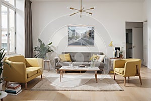 Front view of modern living room interior with one empty poster on white wall, mock up. Furnished by yellow armchair, coffee table