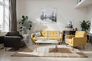 Front view of modern living room interior with one empty poster on white wall, mock up. Furnished by yellow armchair, coffee table