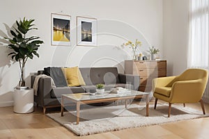 Front view of modern living room interior with one empty poster on white wall, mock up. Furnished by yellow armchair, coffee table