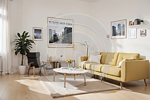 Front view of modern living room interior with one empty poster on white wall, mock up. Furnished by yellow armchair, coffee table