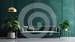 Front view of a modern luxury living room in green colors. Dark green empty walls, comfortable sofa with cushions, green