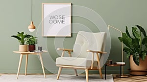 Front view of a modern luxury living room in green colors. Green wall with poster template, comfortable armchair, coffee