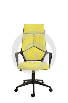 Front view of a modern office chair, made of black plastic, upholstered with yellow textile. Isolated on white background.