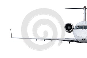 Front view of the modern private jet fly isolated on white background