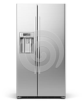 Front View of Modern side by side Stainless Steel Refrigerator . Fridge Freezer Isolated on a White Background