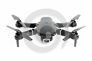 Front view of a modern small drone with video recording function, white background, close up