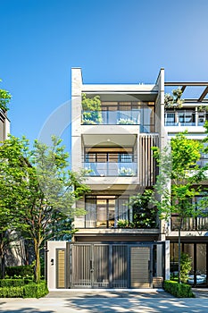 Front view of modern style of small narrow three-story apartment building, with big balconies, trees around building, blue sky