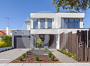 Front view of modern townhouse entrance in Melbourne, Australia.