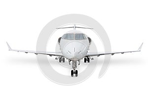 Front view of the modern white private jet isolated