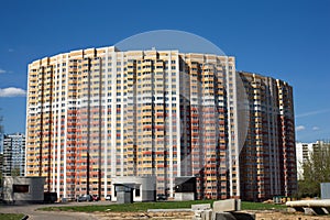 Front view multistoried residential brick building